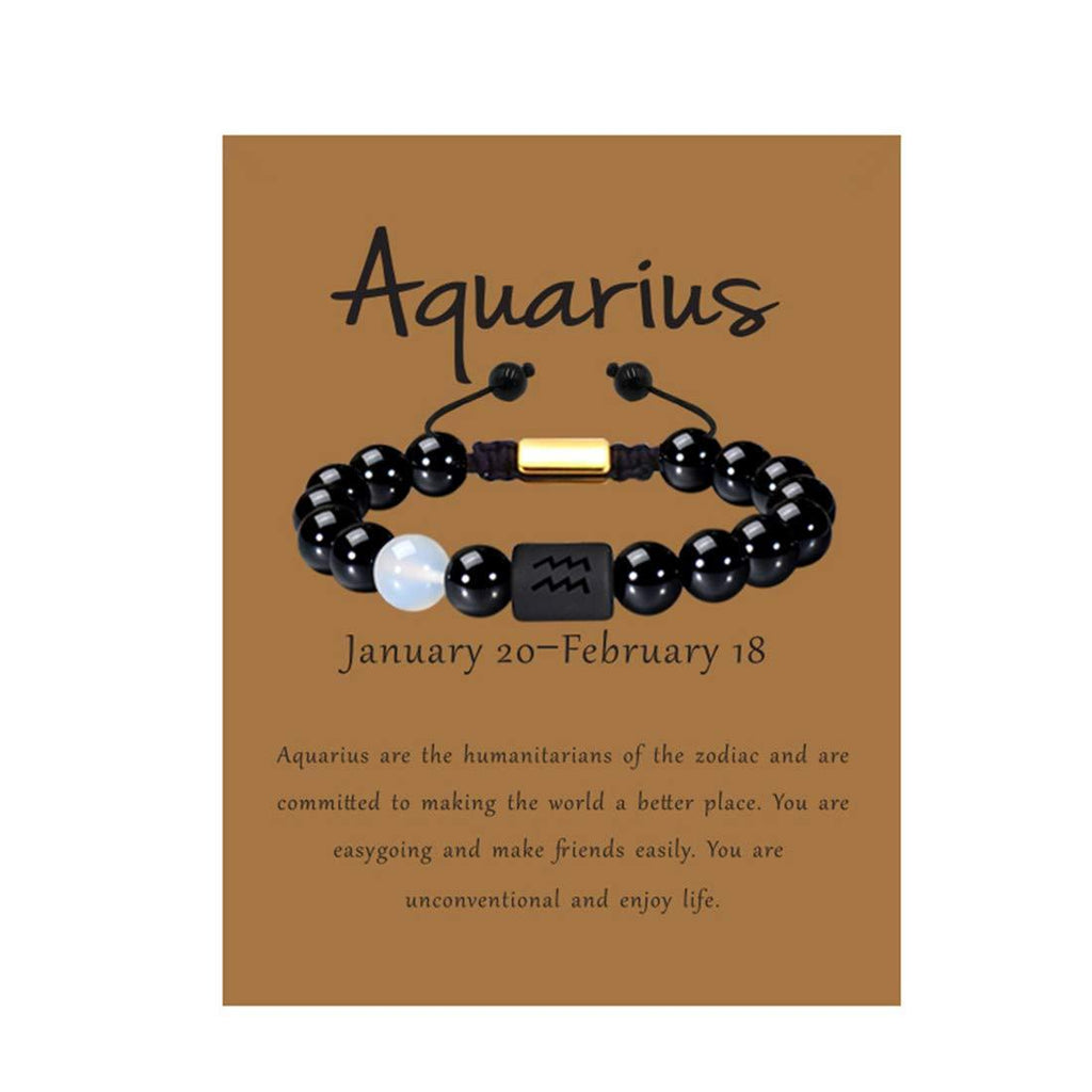 [Australia] - VLINRAS Zodiac Bracelet for Men Women, 8mm 10mm Natural Black Onyx Stone Star Sign Constellation Horoscope Bracelet Gifts aquarius men 10mm beads-(braided style fit all wrist） 