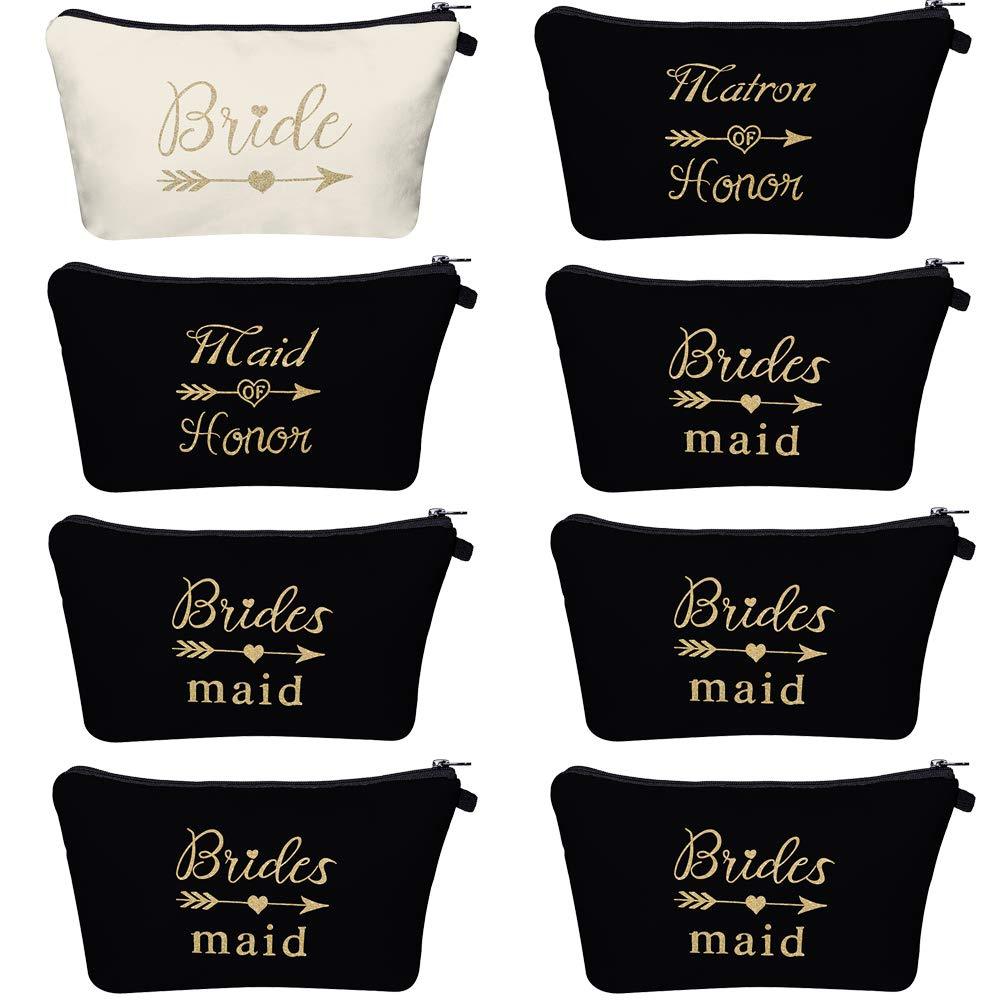 [Australia] - Bridal Shower Makeup Bag Sets - 1 Bride Bag 1 Maid of Honor Bag 1 Matron of Honor Bag and 5 Bridesmaid Bags Wedding Bachelorette Party Proposal Gifts Cosmetic Pouches for Women 8 PCS Black 