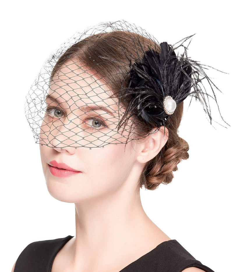 [Australia] - Fascinator Hat Veil Feather Fascinator Hair Clip Tea Party Derby Hat Birdcage Veil Bridal Wedding Veil Black 