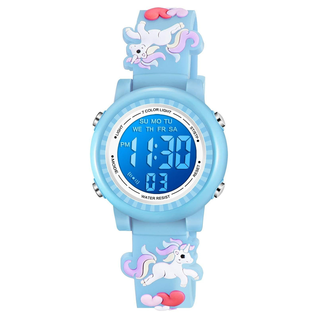 [Australia] - Venhoo Kids Watches 3D Cartoon Waterproof 7 Color Lights Toddler Digital Wrist Watch with Alarm Stopwatch for 3-10 Year Girls Little Child Blue 