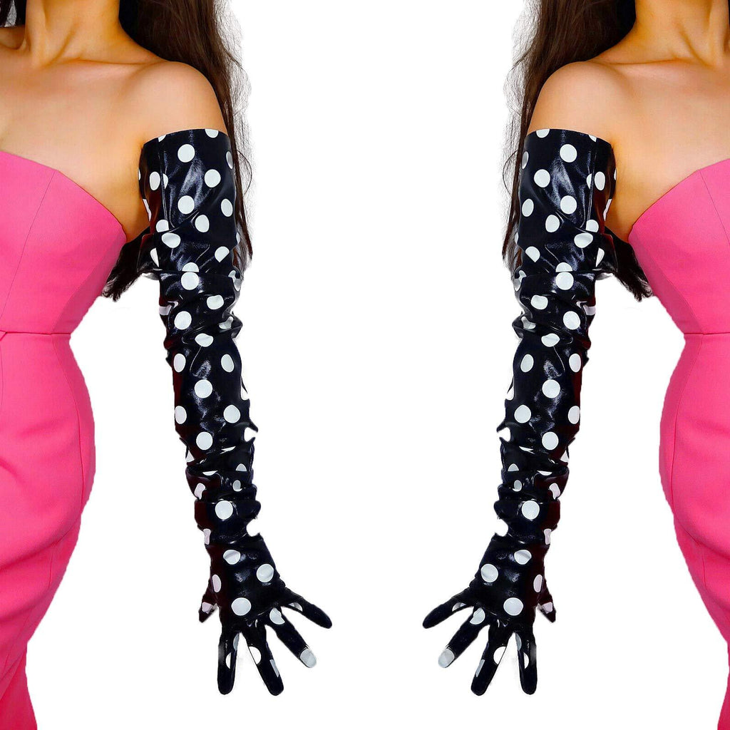 [Australia] - DooWay Women Fashion Super Long Leather Gloves Oversize Loose Shoulder Length PU 35 Inches Adult Unisex Black W/ Dot 