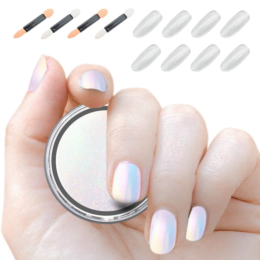 [Australia] - Nail Powder Wenida 1Jar Unicorn Chrome Pearl Aurora Iridescent Shell Synthetic Resin Pigment Manicure Art Decoration With 4pcs Eyeshadow Sticks 8pcs False Nails 1 Jar 