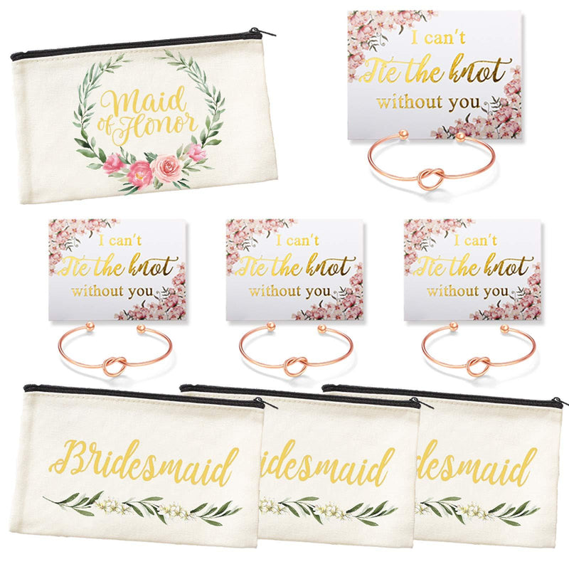 [Australia] - Bridesmaid Canvas Cosmetic Pouches for Wedding Favors Rose Bracelet Set of 4 C 1Maid + 3 Bridesmaids Gift Set of 4 