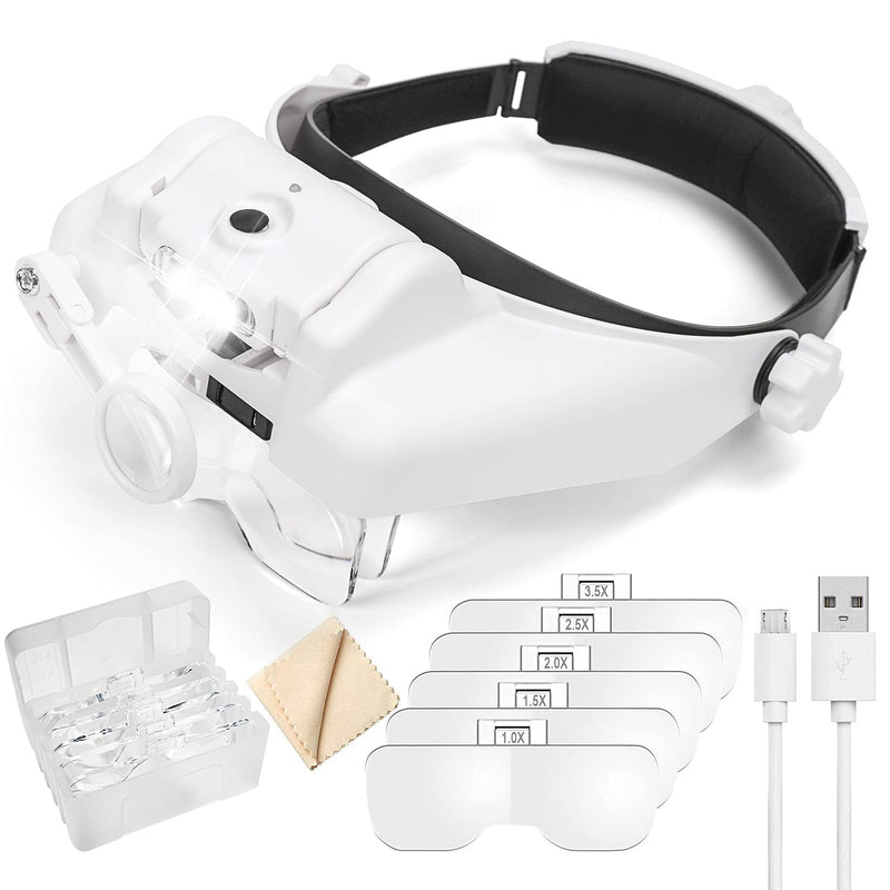 [Australia] - Dilzekui Head Mount Magnifier with LED Light, Rechargeable Headband Magnifier, Head-Mounted Magnifying Glass with 6 Detachable Lens, Handsfree Magnifying Glasses for Jewelers Loupe, Crafts, Repair 1x-14x Head Mount Magnifier 