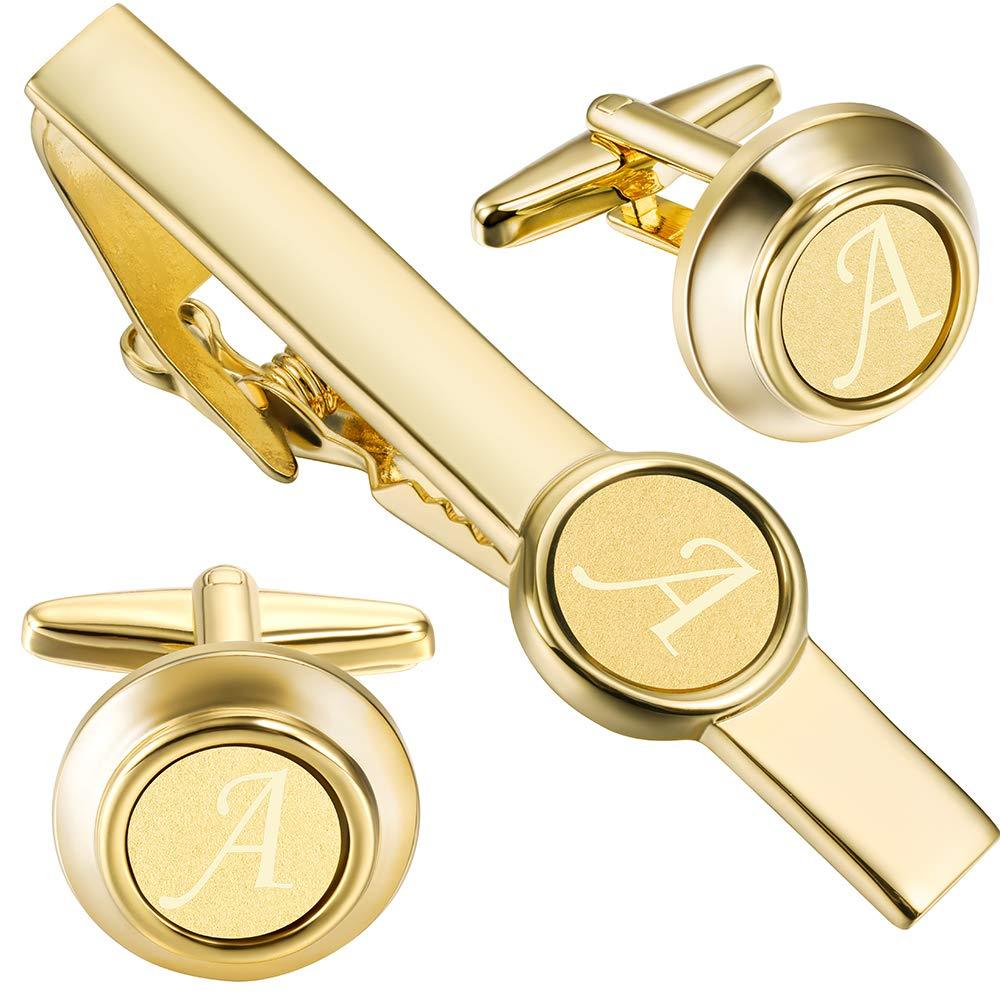 [Australia] - HAWSON 2 inch Tie Clips and Cufflinks Sets for Men A-Z Gold Engraved Letter Cufflinks and Tie Clips Sets for Formal Business Wedding A(2 Cufflink + Tie Clip) 