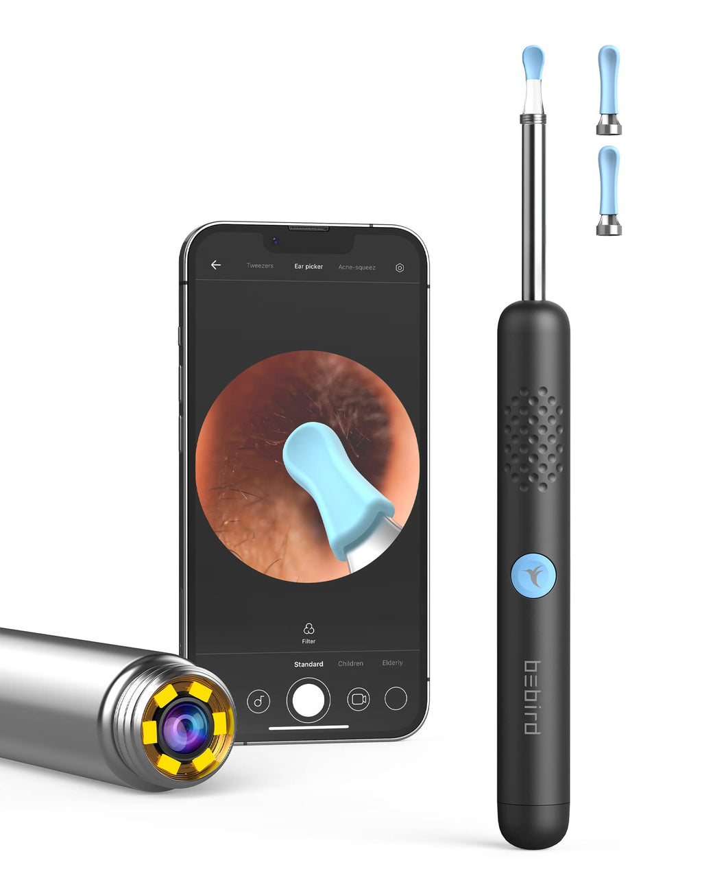 [Australia] - BEBIRD® R1 Ear Wax Removal Tool with Otoscope 1080P, Ear Cleaner with 2 Sprial Silicone Ear Scoops, Ear Camera with 6 LED Light for Ear Cleaning, Compatible with iOS, Andriod, Black 1 Count (Pack of 1) 