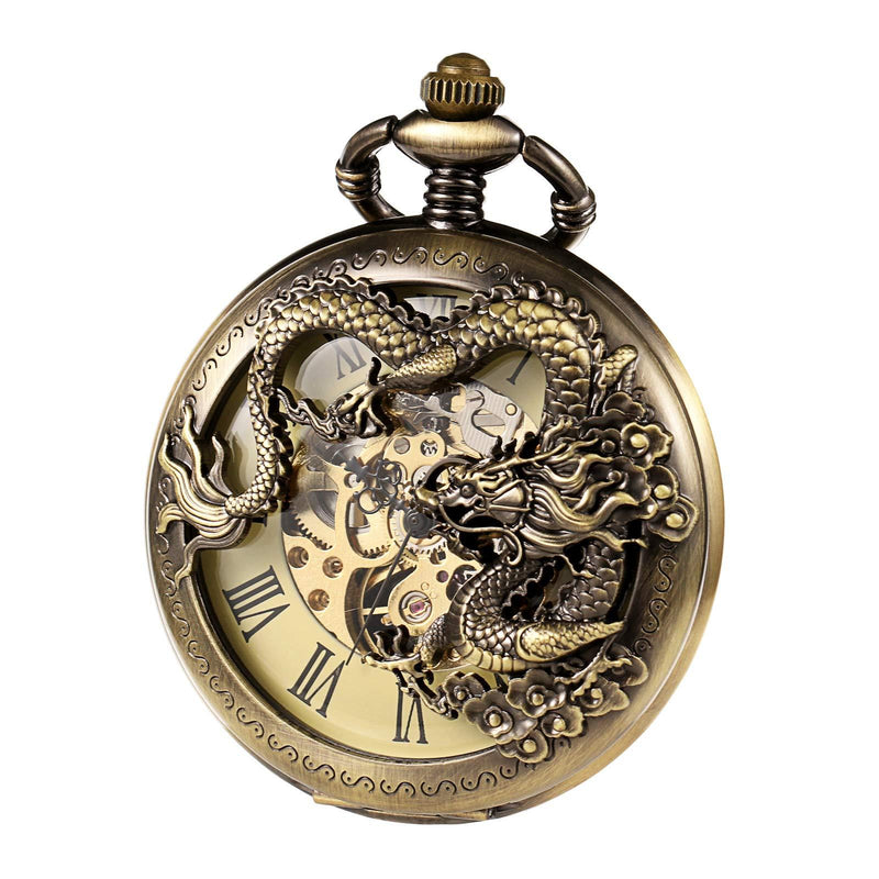 [Australia] - TREEWETO Mens Antique Skeleton Mechanical Pocket Watch Dragon Hollow Hunter with Chain and Box Bronze 