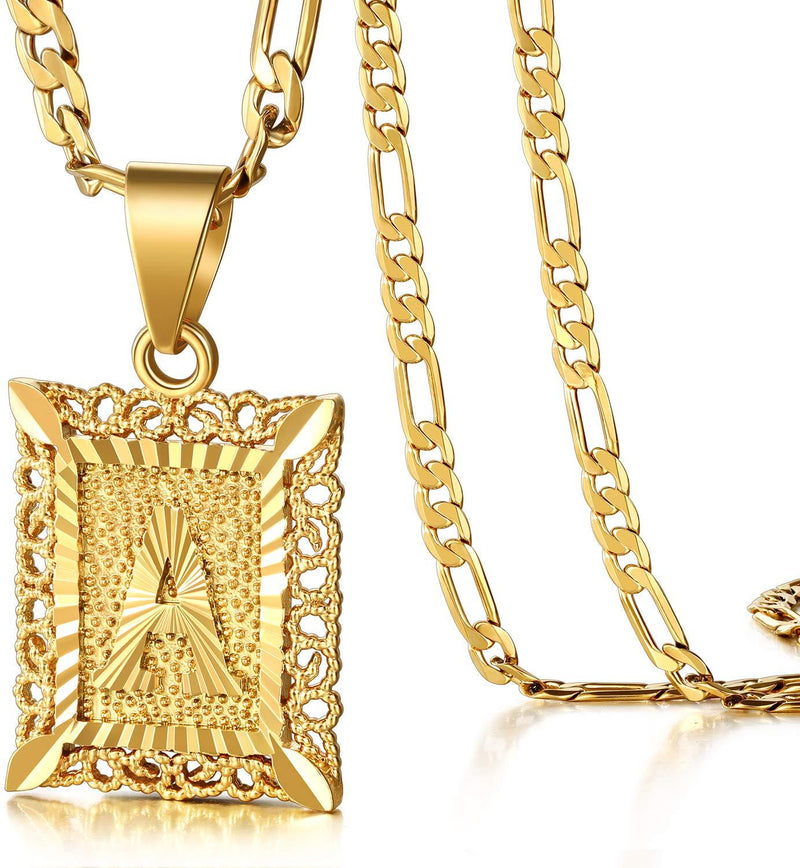 [Australia] - KissYan Initial Letter Pendant Necklace for Mens Womens, 18K Gold Plated Square Capital Monogram Necklace Alhpabets from A-Z Box Figaro Chain Necklace Hollow A hollow out 