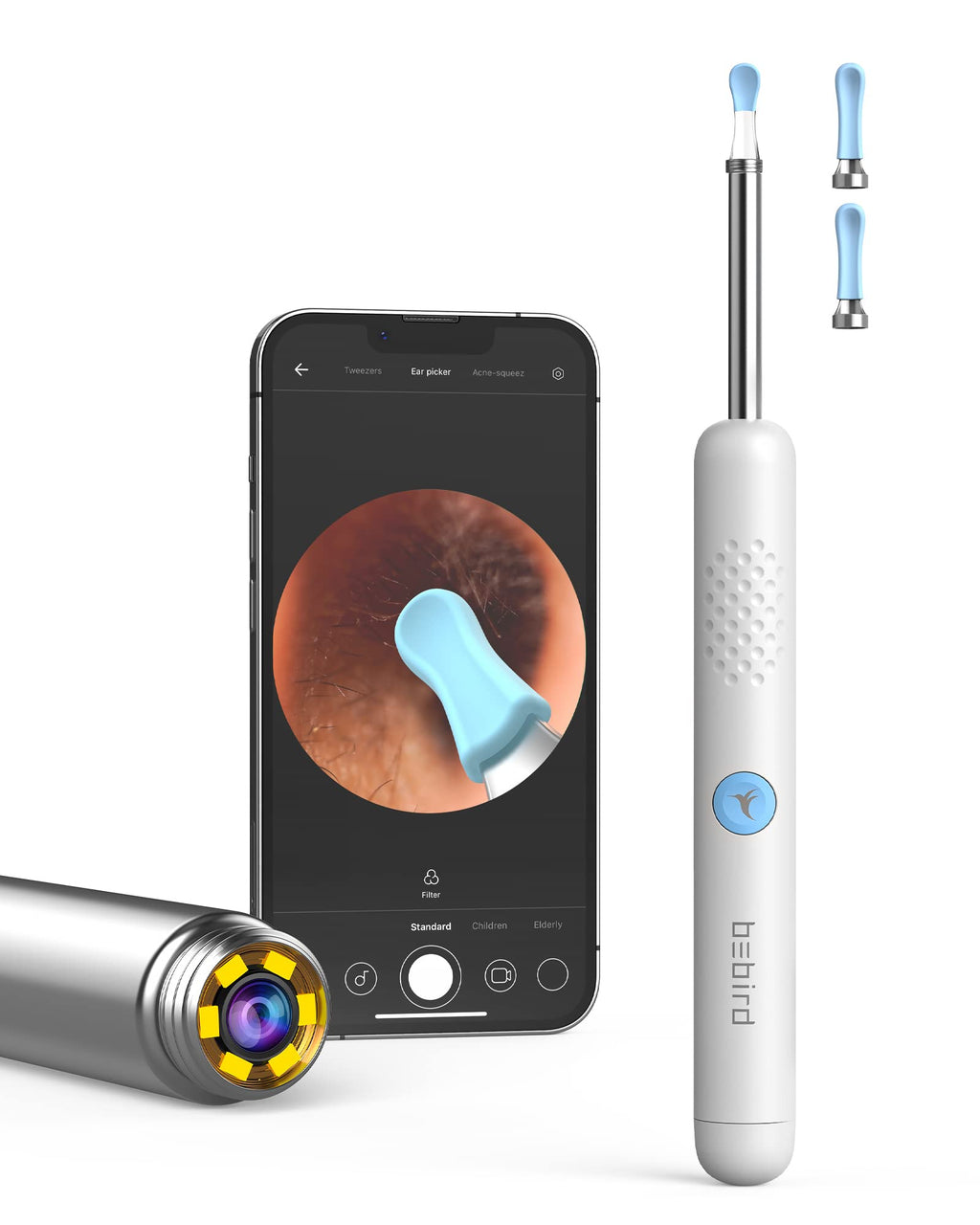 [Australia] - BEBIRD® R1 Ear Wax Removal Tool with Otoscope 1080P, Ear Cleaner with 2 Sprial Silicone Ear Scoops, Ear Camera with 6 LED Light Compatible with iPhone, Andriod Phones and Tablets(White) 