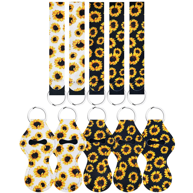 [Australia] - 5 Pairs Vibrant Chapstick Holder Keychains, Neoprene Lipstick Holder Keychain Protective Cases with Wristlet Lanyard, Portable Balm Holders Pouch for Girls Women (Black and White Sunflower) Black and White Sunflower 