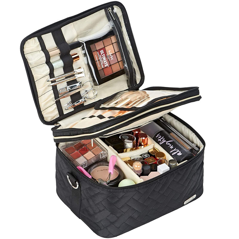 [Australia] - FINDCOZY Double Layer Makeup Bag Organizer with Strap, Portable Artist Storage Bag with Adjustable Dividers for Cosmetics Brushes Toiletry Jewelry, Black 
