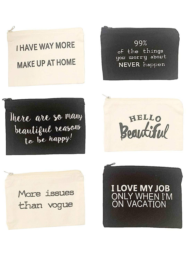 [Australia] - 6 Piece Sayings Cosmetic Makeup Canvas Travel Bag Toiletry Accessories Organizer Pencil Bag 