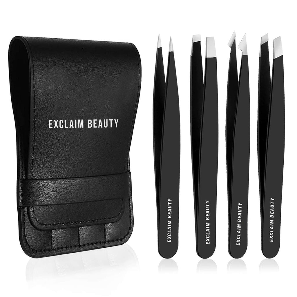 [Australia] - EXCLAIM BEAUTY Tweezers for Women & Men Pack of 4 Stainless Steel Tweezers Set, Precision Tweezers for Eyebrows Splinter Ingrown Hair Removal Tweezers Kit for Women with Leather Case – Matte Black 