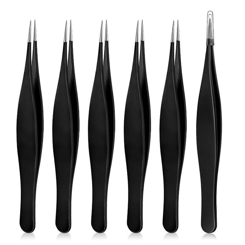 [Australia] - 6 Pieces Ingrown Hair Tweezers Precision Needle Nose Pointed Tweezers Stainless Steel Tweezers for Facial Hair Eyebrow Blackhead Remover (Black) 