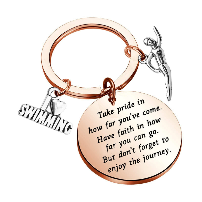 [Australia] - FUSTMW Swim Keychain I Love Swimming Lover Gift Take Pride in How Far You Have Come Swim Team Inspirational Gift Swimming Jewelry for Swimmers Rose Gold 