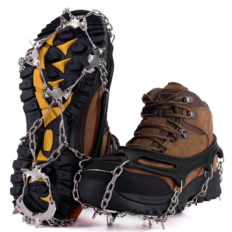 [Australia] - NewDoar Ice Cleats Crampons Traction,19 Spikes Stainless Steel Anti Slip Ice Snow Grips for Women, Kids, Men Shoes Boots, Safe Protect for Mountaineering, Climbing, Hiking, Walking, Fishing,M, L, XL Black Medium 