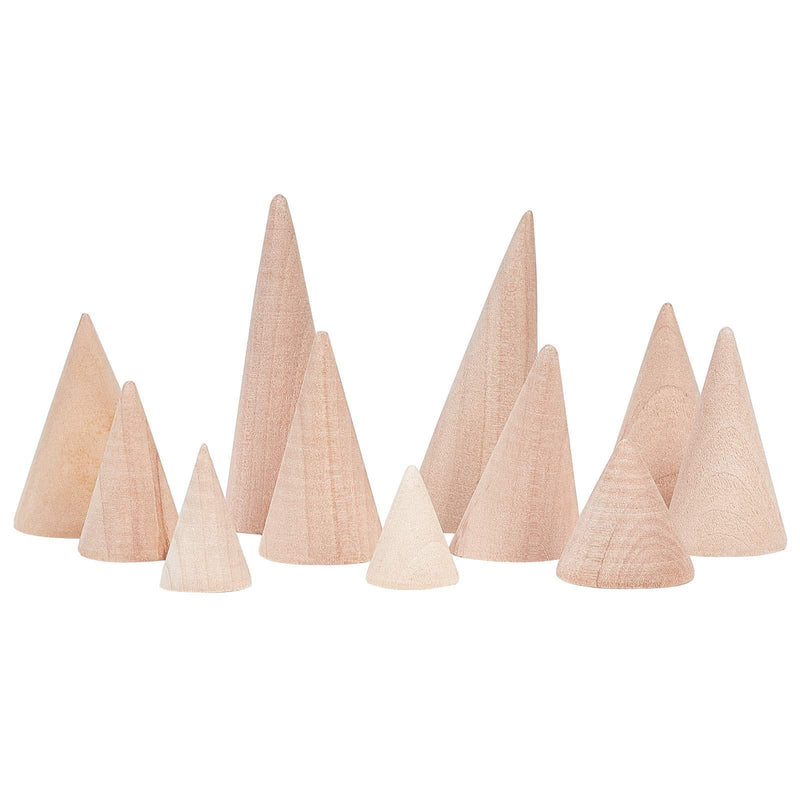[Australia] - FINGERINSPIRE Set of 11 Wooden Cone Ring Holders Ring Display Stands Organizer Holders Jewelry Display DIY Craft Wood Cone Stand, 11 Different Size, Height 1.5-3.1inch 