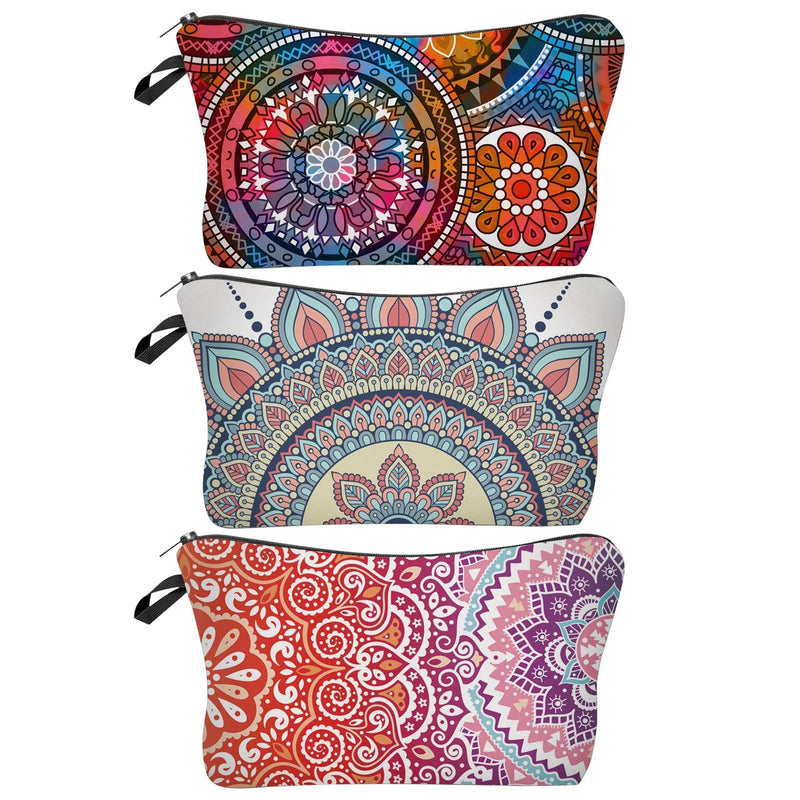 [Australia] - Queta 3 Pieces Cosmetic Bags with Zipper for Women, Waterproof Makeup Bags with Mandala Flowers Patterns for Travel Toiletry Bag Purse,Small Printed Roomy Patterns Makeup Bag Organizer for Girls 