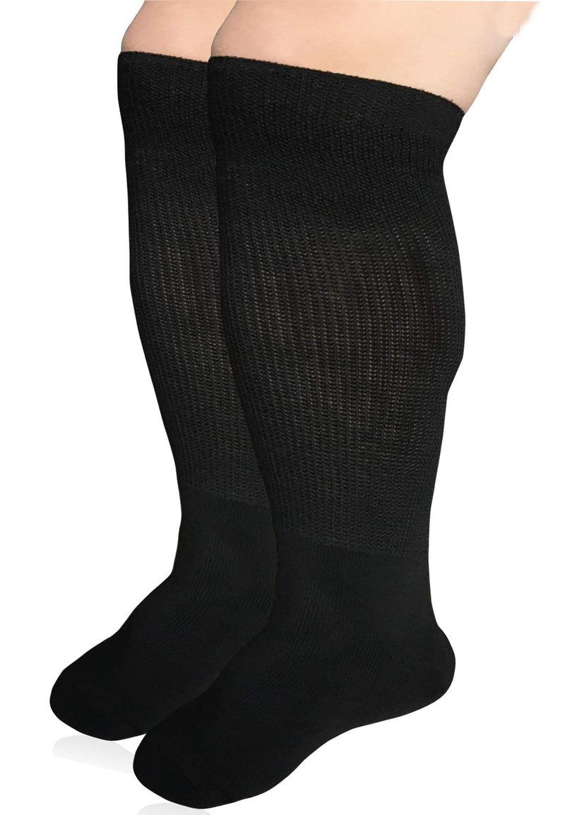 [Australia] - Extra Width Diabetic Socks for Lymphedema, Bariatric Non Binding Knee High Sock for Swollen Edema Cast Feet Mens and Womens Legs, Slouch Boot Socks 2 Pairs Black (2 Pairs) 