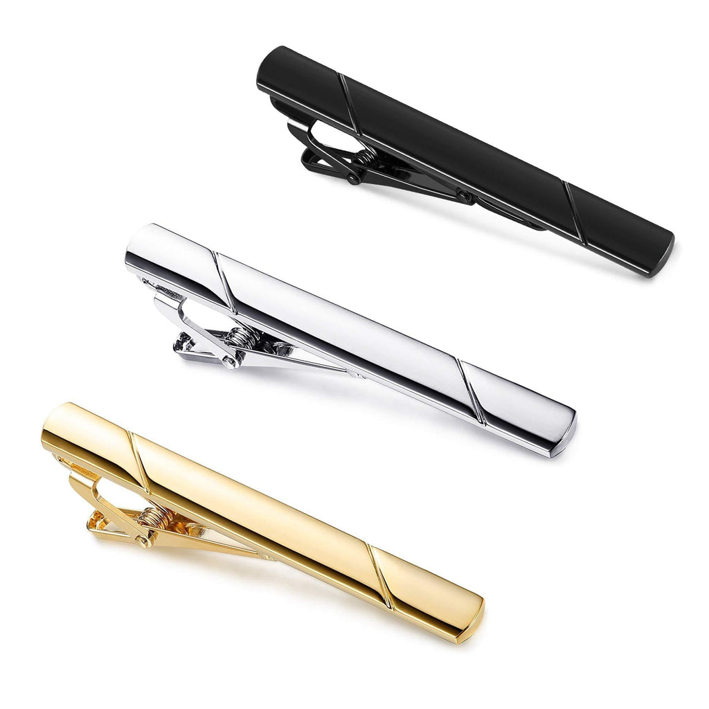 [Australia] - YADOCA 3 Pcs Tie Clips for Men Tie Bar Set Necktie Clips for Wedding Anniversary Business Black Silver-Tone Gold-Tone A:3 colors-tie clip with stripe 