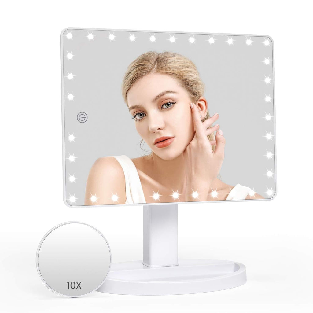 [Australia] - Rechargeable Lighted Makeup Vanity mirror with 45 LED Lights, Funtouch Large Light Up Mirror, 10X Magnification Touch Screen, 360° Rotation Portable Tabletop Desk Cosmetic illuminated Mirror(White) … White 