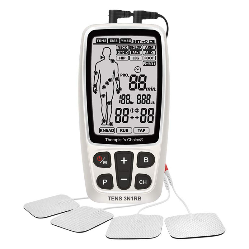 [Australia] - Therapist’s Choice® Rechargeable TENS3N1RB Combo TENS, EMS, Massage with Body Image Diagram Electrode Placement, with Belt Clip and Display Box. 