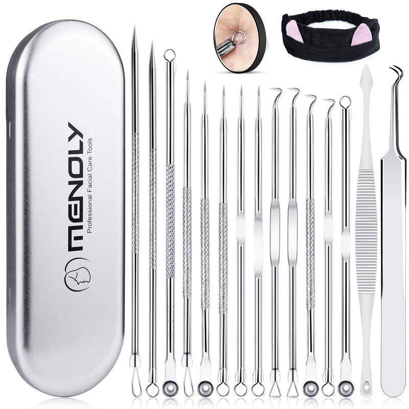 [Australia] - MENOLY Blackhead Remover Kit 15 Pcs, Comedone Extractor Tweezers Pimple Popper Tool for Whitehead Popping, Zit Removing with Metal Case 