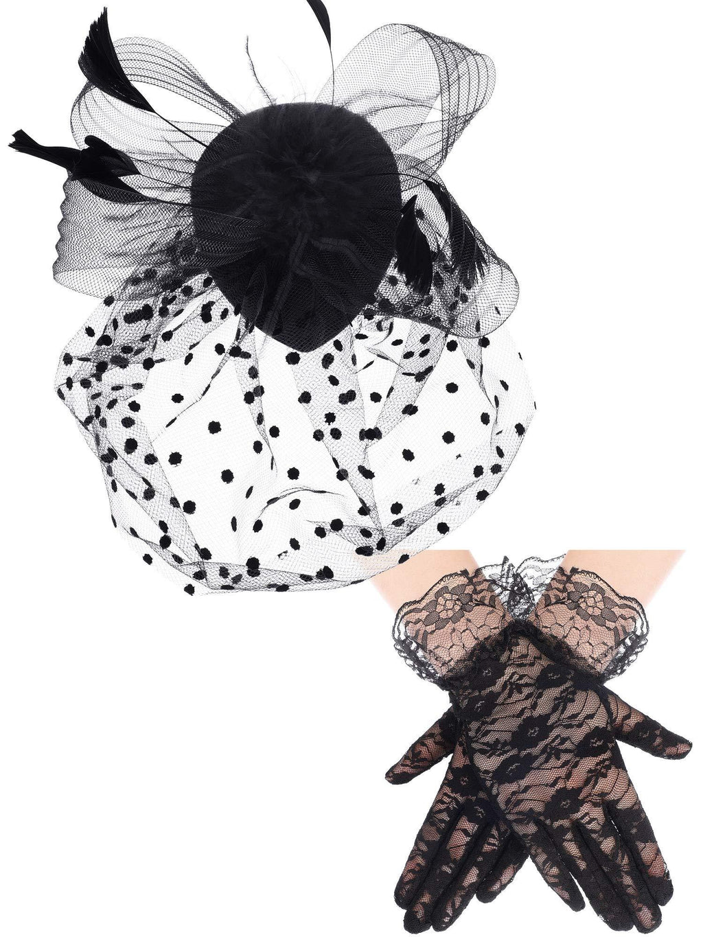 [Australia] - 1950s Vintage Fascinator Hat Faux Feather Mesh Net Hat Cocktail Tea Party Headwear and Women Short Lace Gloves (Classic Style) Black 