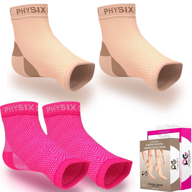 [Australia] - Physix Gear Sport 2 Pairs of Plantar Fasciitis Socks with Arch Support for Men & Women in (Beige Nude + Pink) S/M Size 