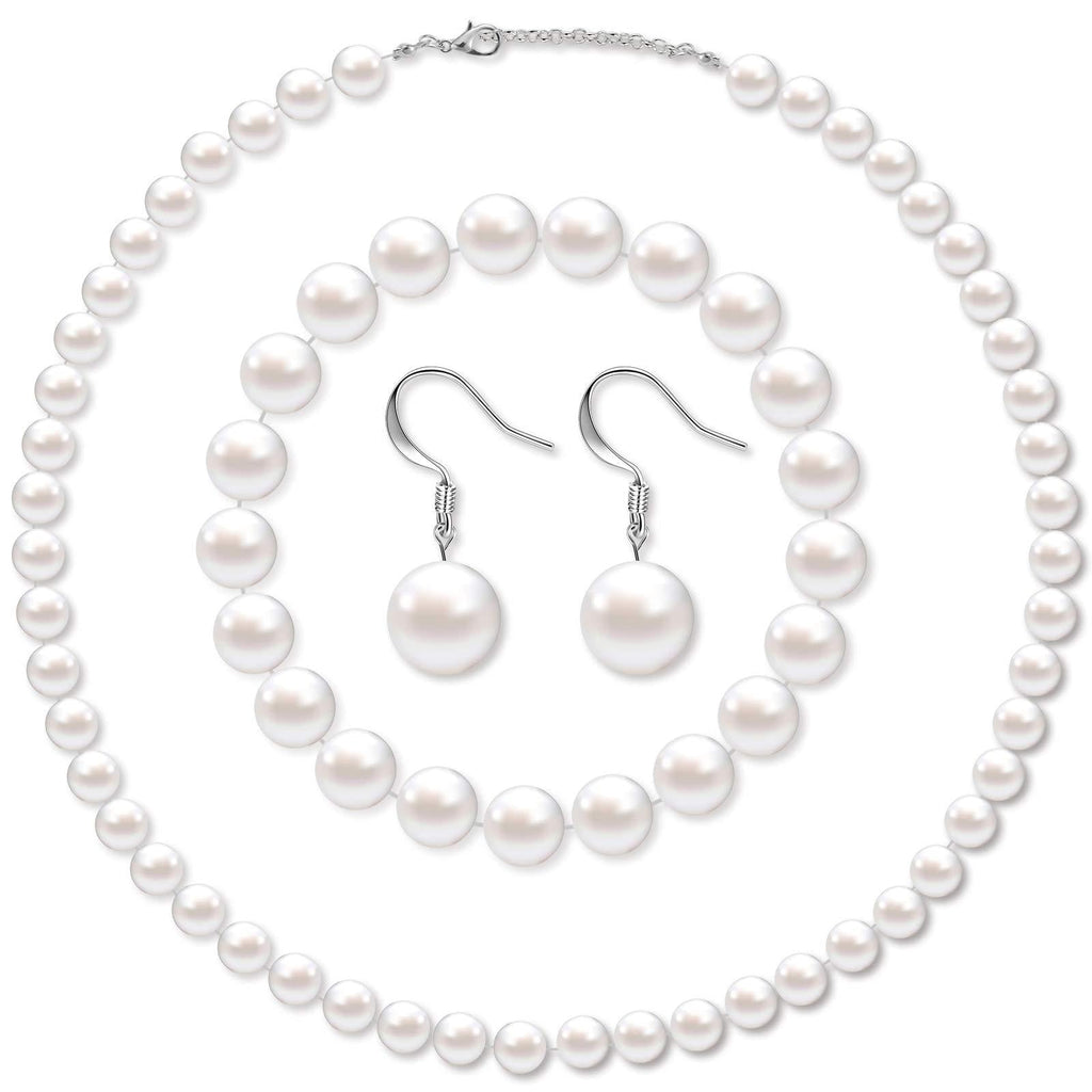 [Australia] - Yaomiao Faux Pearl Jewelry Set Simulated Shell Pearl Necklace Stretch Beaded Bracelet Dangle Pearl Earrings for Women Girls Valentine's Day (White,10 mm) 