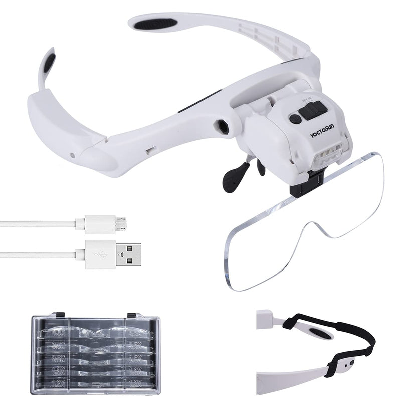 [Australia] - YOCTOSUN Head Magnifier with 5 LED Lights, Rechargeable Hands Free Headband Magnifying Glass with 5 Interchangeable Lenses, Great Magnifying Glasses for Jewelry, Arts and Crafts, Hobby 