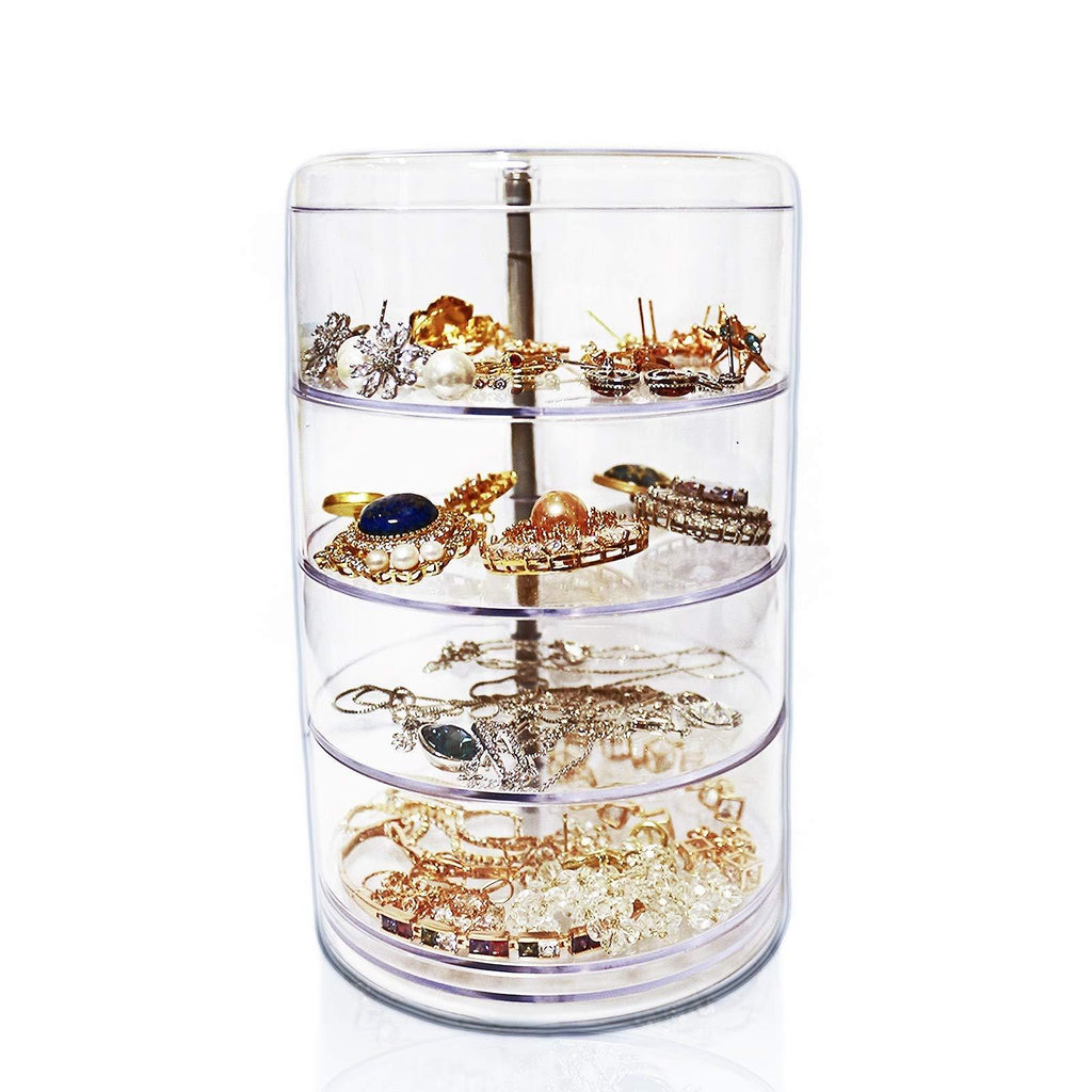 [Australia] - Jewelry Organizer Case 4 Layers Round Rotating Jewelry Storage Box Necklace Bracelet Ring Earring Display Tray Holder for Small Objects (Transparent) 