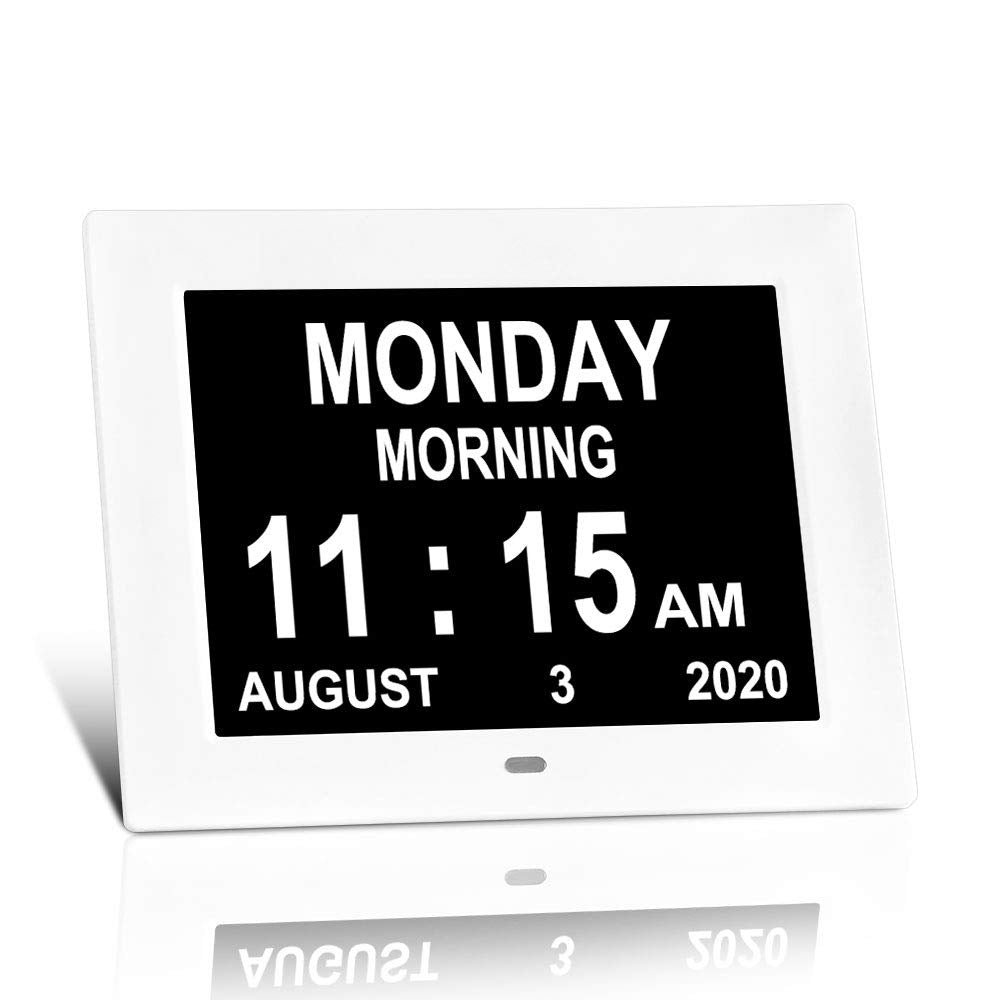 [Australia] - [2022 Newest] 7.5 INCH Digital Calendar Day Clock 8 Alarm Reminders Brightness Level 1-10 Extra Large Non-Abbreviated Date Time Day of The Week Demenita Clocks for Senior Elderly Patients 7.5" White 