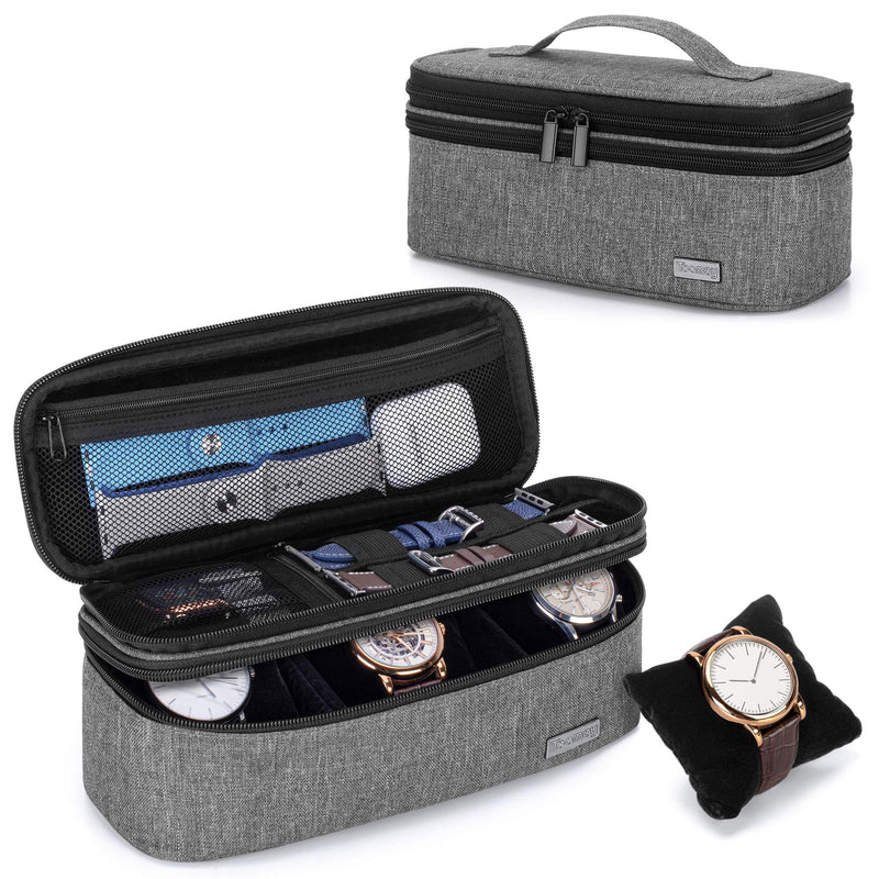 [Australia] - Teamoy Double-Layer Watch Box Organizer with Soft Padded Inner Liner, Travel Storage Case for Man Watches, Wristwatch and Accessories, Gray 