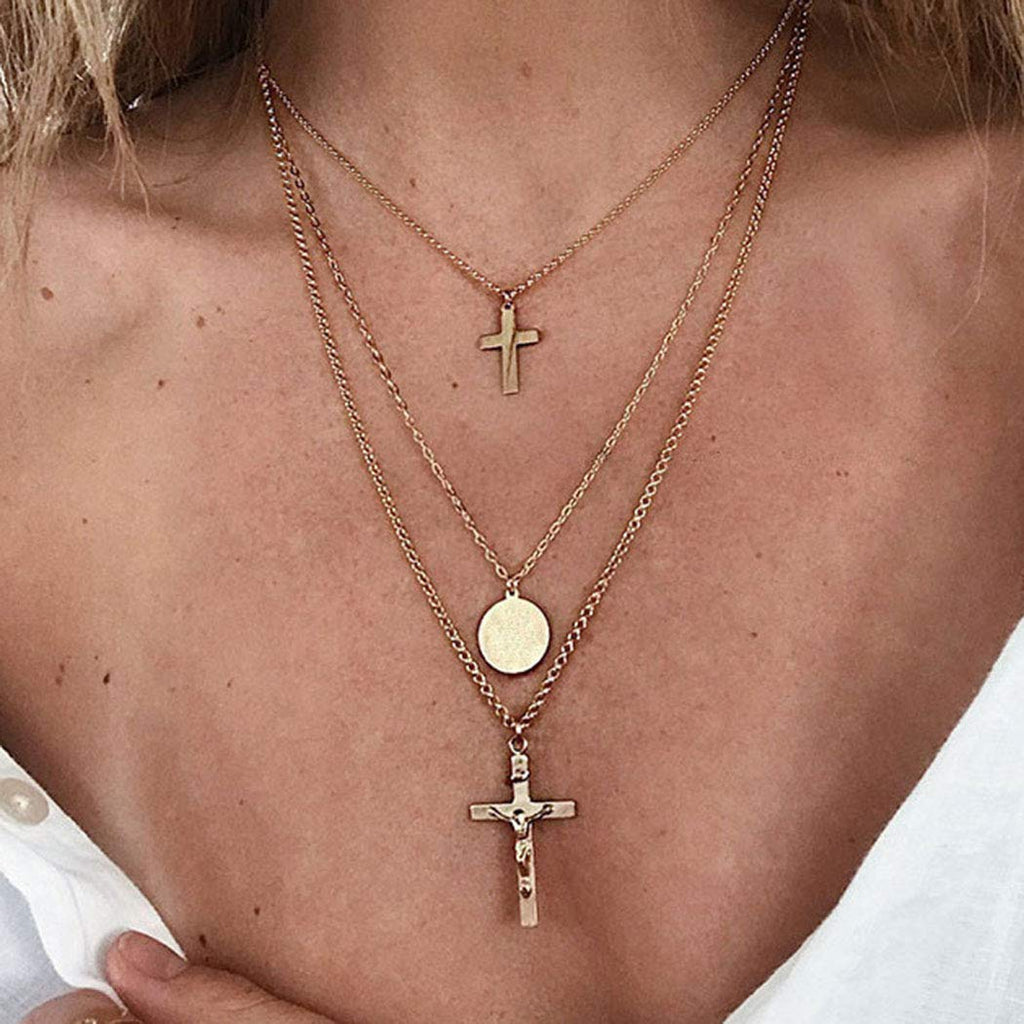 [Australia] - Zehory Boho Layered cross Necklaces Gold Sequin Jesus Pendant Necklace Chain for Women and Girls 