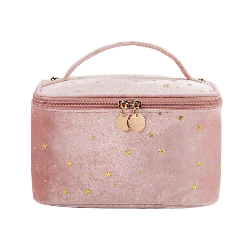 [Australia] - HOYOFO Women Velvet Makeup Bag with Makeup Brush Holder Travel Cosmetic Bags with Handle Starry Make up Pouch Bag, A Pink 