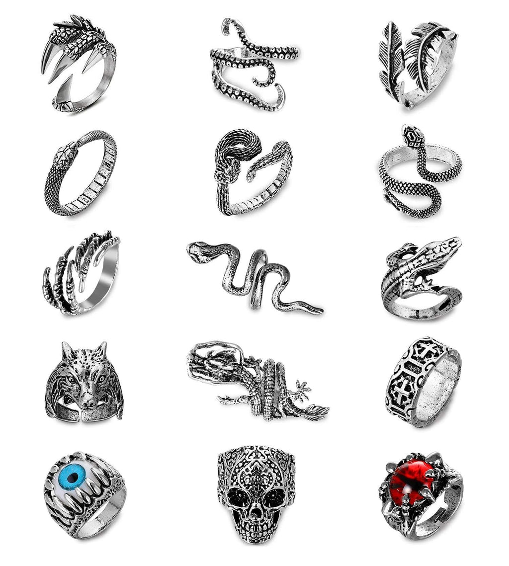 [Australia] - Honsny 15Pcs Vintage Punk Rings for Men Women Gothic Octopus Dragon Claw Snake Wolf Skull Rings Open Adjustable Rings Set Jewelry Set 1 - 15pcs 