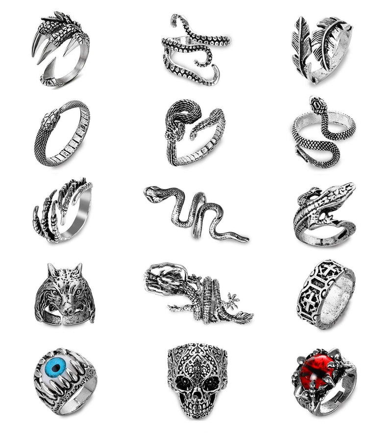 [Australia] - Honsny 15Pcs Vintage Punk Rings for Men Women Gothic Octopus Dragon Claw Snake Wolf Skull Rings Open Adjustable Rings Set Jewelry Set 1 - 15pcs 