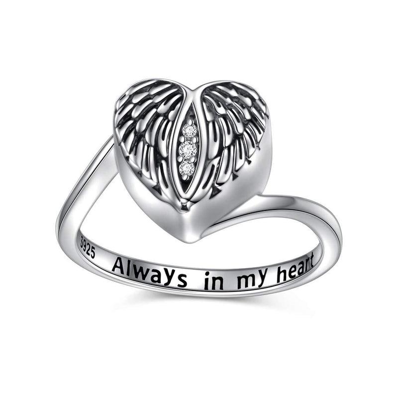 [Australia] - FLYOW 925 Sterling Silver Angel Wings Urn Heart Ring Hold Loved Ones Ashes Always in My Heart Keepsake Memorial Jewelry Cremation Rings for Women 8 
