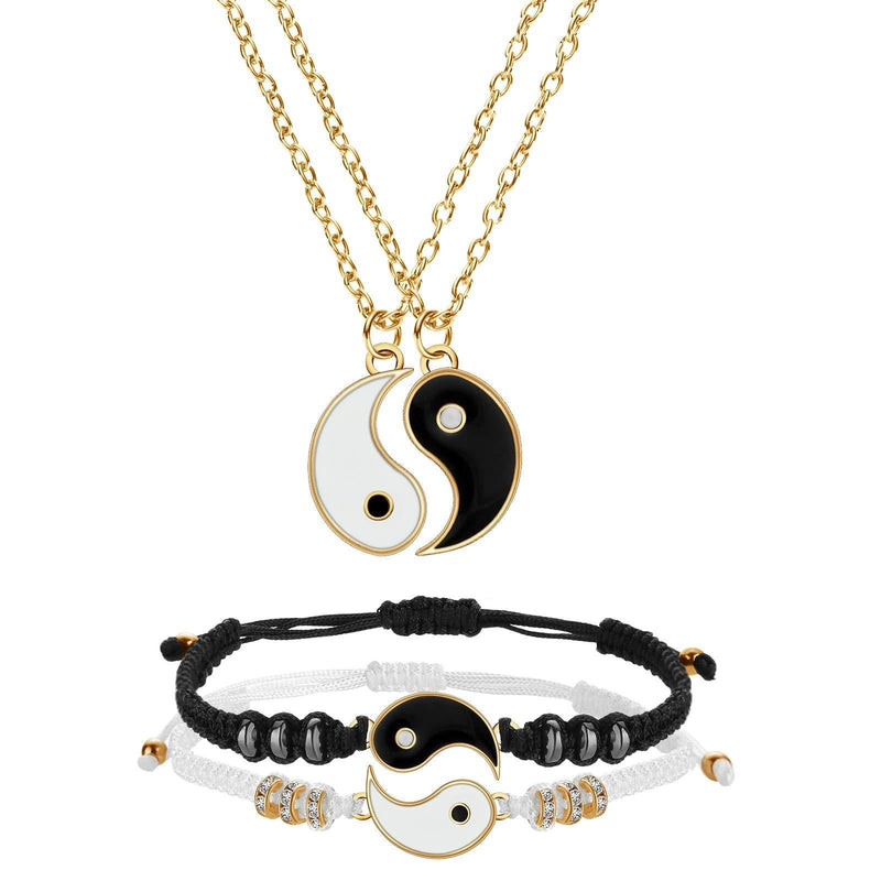 [Australia] - Hicarer Yin Yang Friend or Couple Bracelet with Necklace Set, 2 Pieces Matching Yin Yang Adjustable Cord Bracelet, 2 Pieces Yin Yang Couple Pendant Necklace Chain for Friendship Boyfriend Girlfriend Gold 