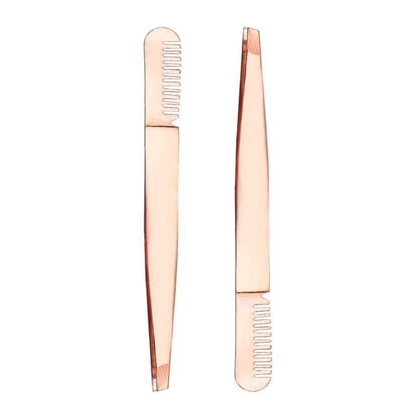 [Australia] - 2 Pieces Multifunctional Eyebrow Tweezers with Eyebrow Comb False Eyelashes Applicator Tool Makeup Grooming Tool for Eyebrows or Facial Hair（Rose Gold） 