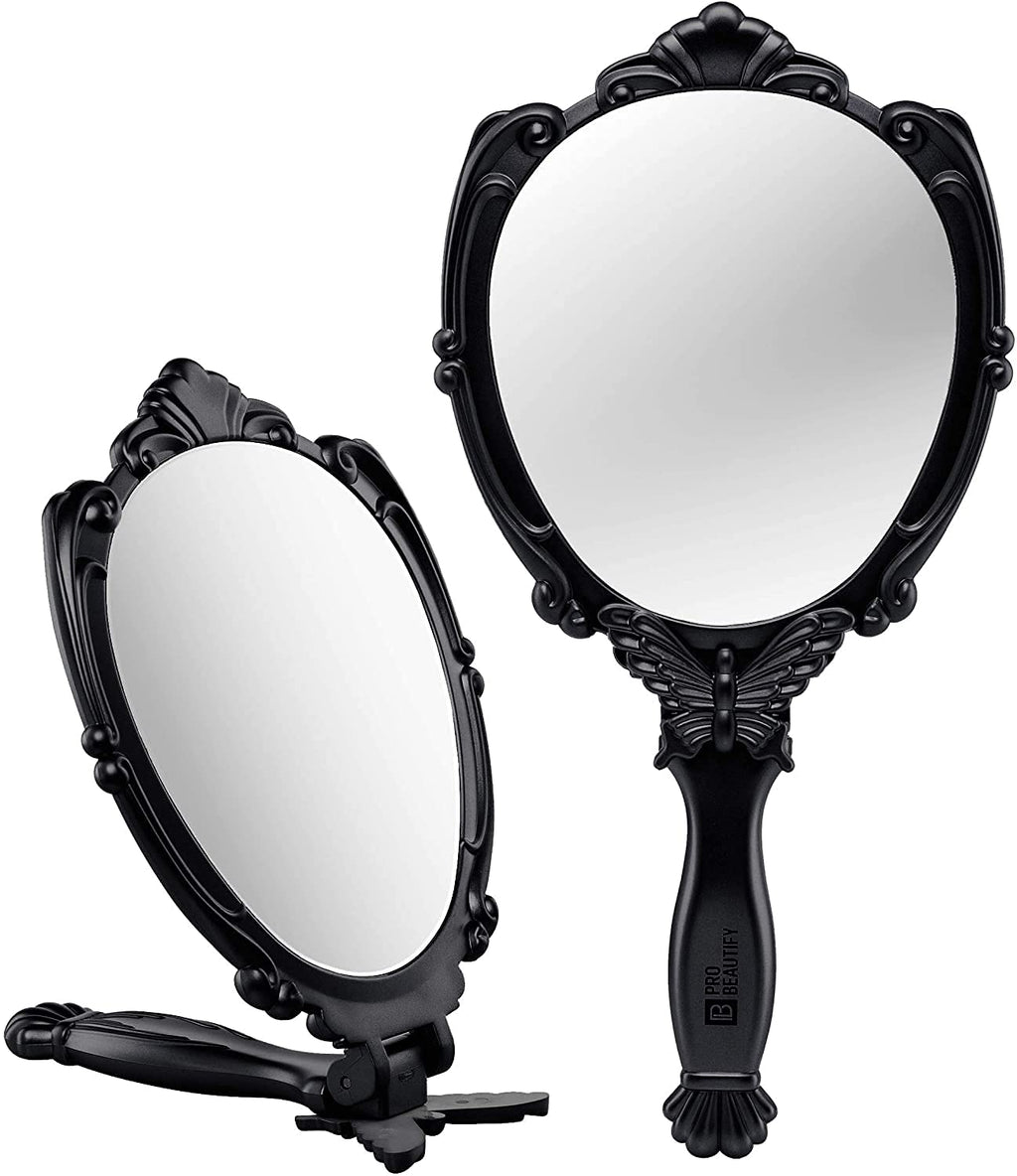 [Australia] - Probeautify Decorative Hand Held Mirror - Beautifully Butterfly Design Hand Mirrors with Handle - Lightweight Mirror - 180 Degrees Full Folding Portable Mirror - Travel Makeup Mirror (Black) Black 