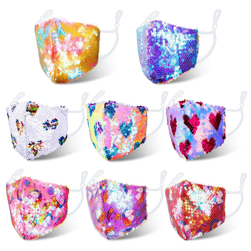 [Australia] - 8 Pieces Glitter Kids Mask Sequin Cloth Masks Bling Hearts Unicorn Star Face Covering for Boys Girls Children Reusable Protection for Every Day use 