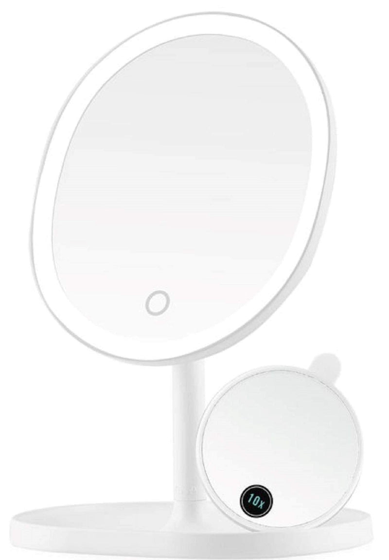 [Australia] - Ovente Lighted Makeup Mirror with Magnification, Rechargeable 8.5'' Vanity Table Top with Storage Tray, Dimmable Circle LED, 10X Mini Magnetic Mirror, Compact for Travel, USB Operated, White MOT22W 
