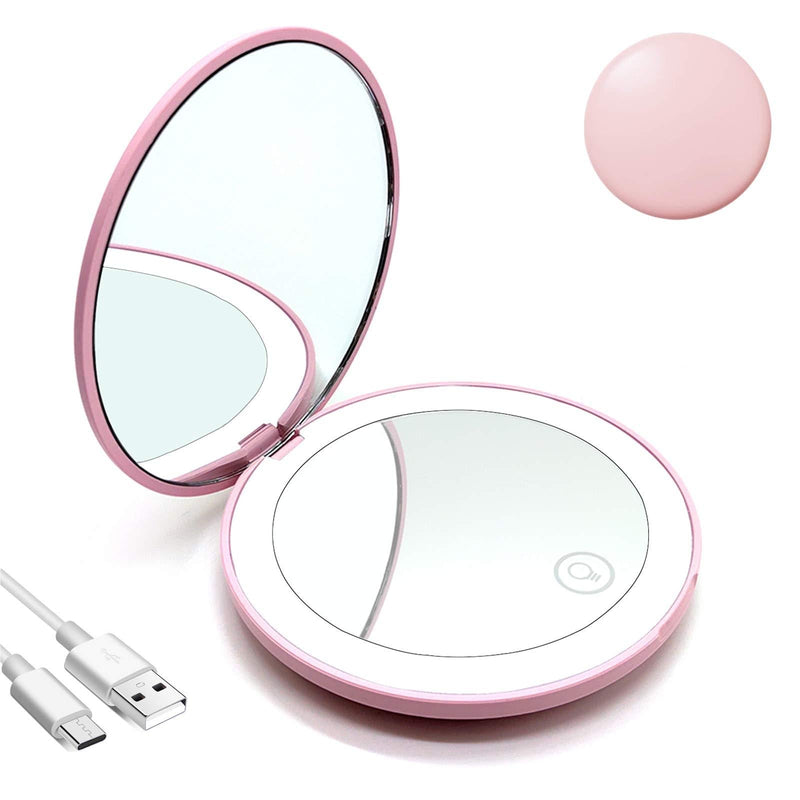 [Australia] - LED-Compact-Mirror, Rechargeable-Pocket-Mirror with Magnetic Switch, Small-Travel-Makeup-Mirror for Handbag/Purse, 1X/3X Magnifying Mirror, Infinite Brightness Levels, Pink 