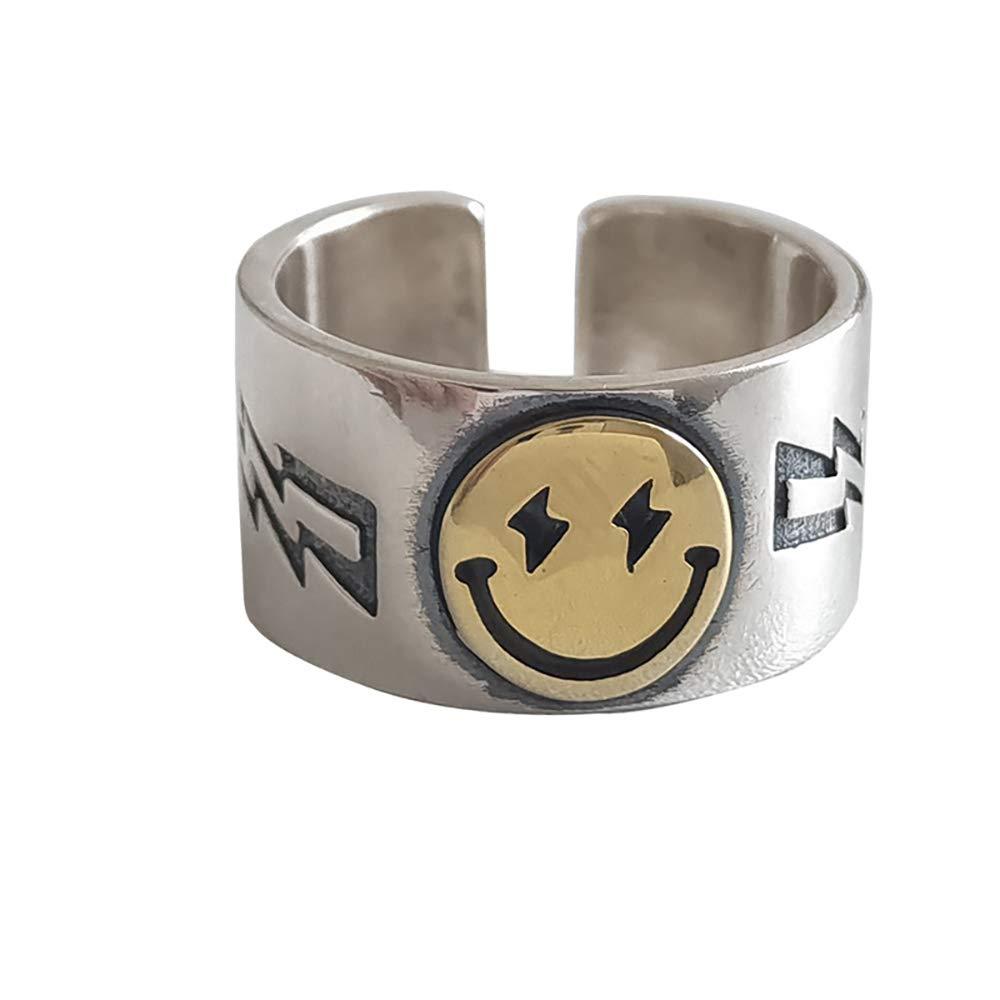 [Australia] - MELLIFO Smiley Face Ring Wide Chunky Adjustable Vintage Silver Smiling Open Ring for Women Men Style 1 