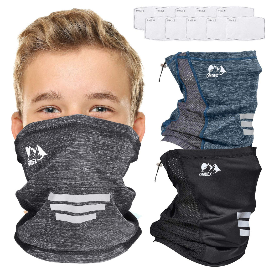 [Australia] - OMDEX 3 Pack Kids Neck Gaiter Mask with Filter and Drawstring Adjustable Breathable Face Cover UPF 50 Sunprotection Lightweight for Women Boys Girls. 