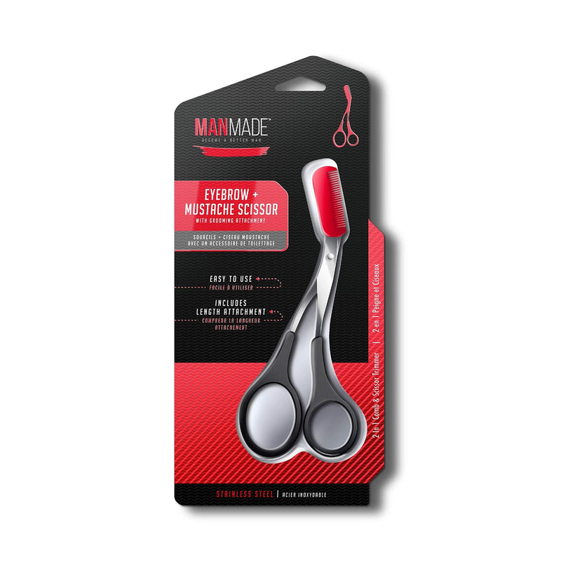 [Australia] - Man Made: Eyebrow + Mustache Scissor, 2 in 1 Comb & Scissor Trimmer, Become a Better Man (Red) Red 