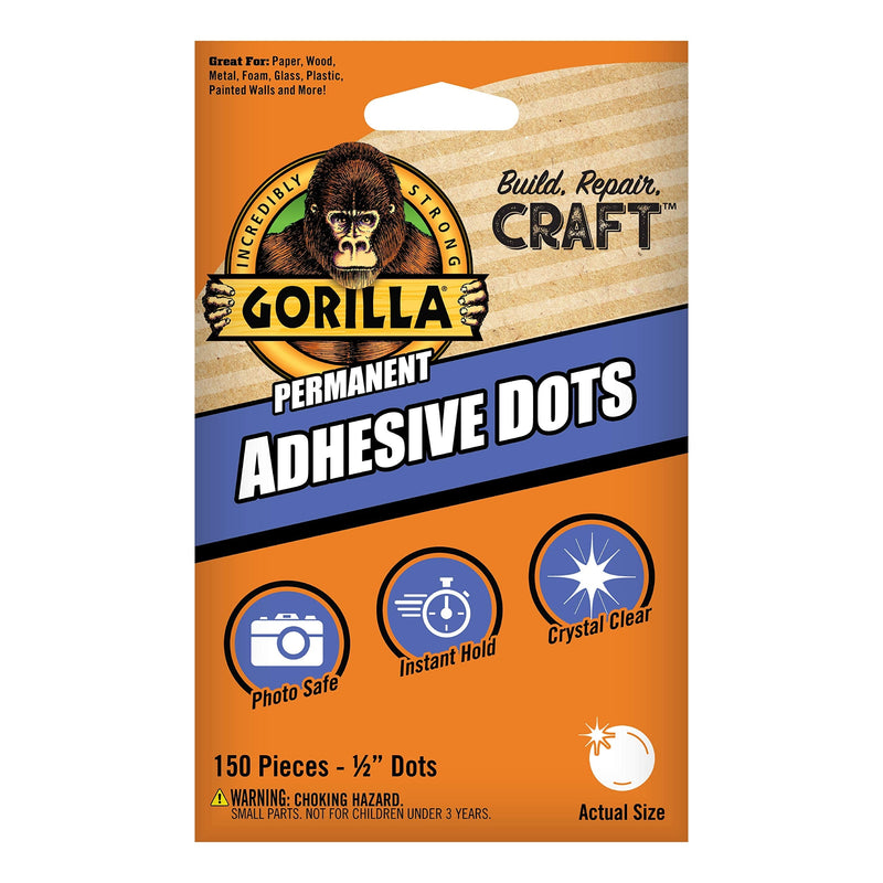 [Australia] - Gorilla Permanent Adhesive Dots, Double-Sided, 150 Pieces, 0.5" Diameter, Clear, (Pack of 1) 1 Pack 
