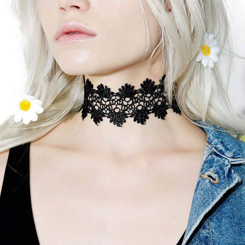 [Australia] - YienDoo Lace Choker Necklace Hollow Scallop Shaped Tattoo Stretch Elastic Lace Necklace Fashion Jewelry Accessories for Women and Girls (Black) Black 